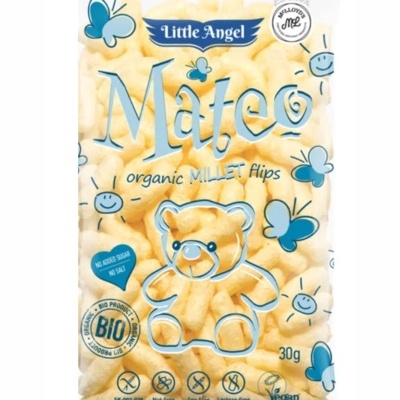 Pacote de snacks Mateos organic MILLET flips da Little Angel com ilustração de ursinho e borboletas azuis