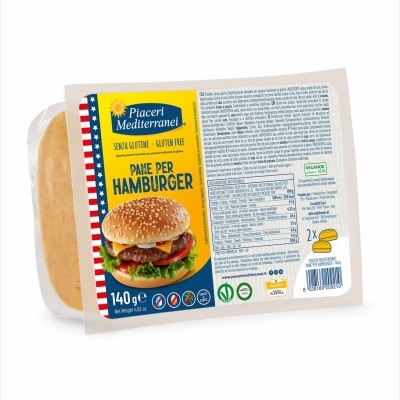 Embalagem de pão para hambúrguer sem glúten Piaceri Mediterranei com 2 pães visíveis e rótulo colorido.