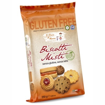Pacote de bolachas mistas sem glúten e sem leite com embalagem laranja e bege