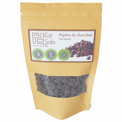 Pacote de pepitas de chocolate sem açúcar Eat Safe em saco de papel castanho com janela transparente