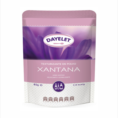 Embalagem rosa e roxa de texturizante em pó XANTANA da DAYELET