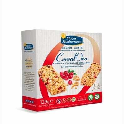 Caixa de barras de cereais Cereal Oro Piaceri Mediterranei com embalagem branca e vermelha.