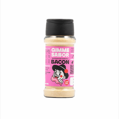 Frasco de tempero sabor bacon com tampa preta e etiqueta rosa