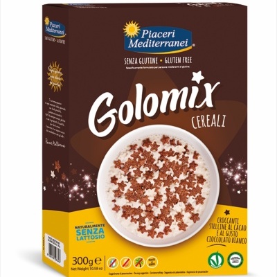 Caixa de cereais Golomix Piaceri Mediterranei sem glúten e lactose em embalagem castanha e amarela com imagem de cereais em forma de estrelas