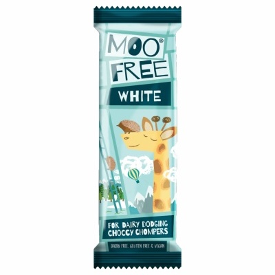Barra MOO FREE WHITE com embalagem azul e branca com girafa e texto