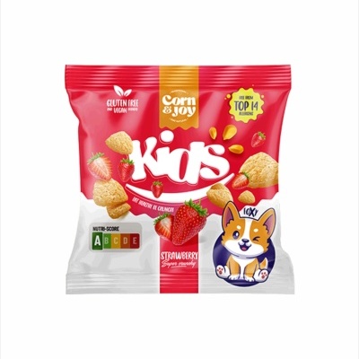 Embalagem de snacks Corn & Joy Kids sabor Morango com imagem de morangos e cão cartoon