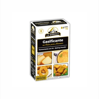 Caixa de Gasificante em Pó La Barraca com imagens de pão, tortilha, rosquinha e nuggets