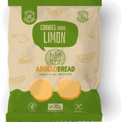 Pacote de cookies sabor limão ABUELO BREAD com fundo verde e bege e ilustrações de limões.