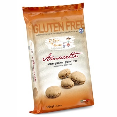 Pacote de Amaretti sem glúten 150g com ilustração de crianças e texto em italiano e inglês
