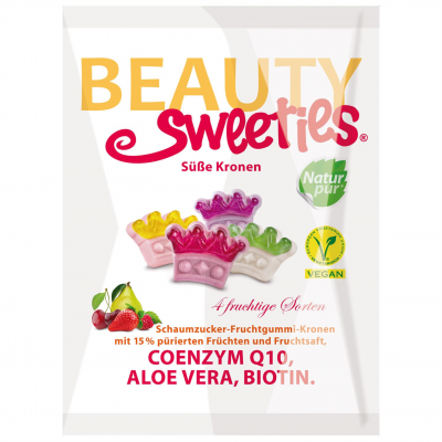 Embalagem de gomas de fruta em forma de coroas coloridas com texto sobre ingredientes e vegan.