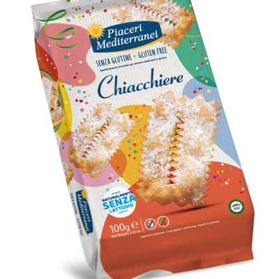 Pacote de biscoitos Chiacchiere sem glúten e lactose Piaceri Mediterranei