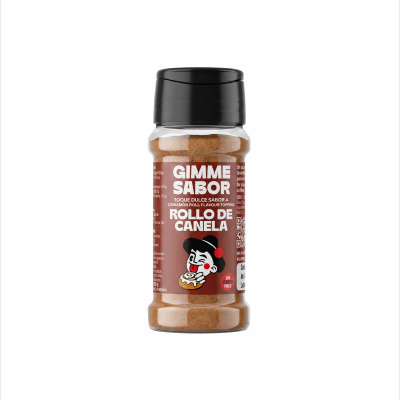 Frasco de pó de canela com rótulo vermelho e tampa preta