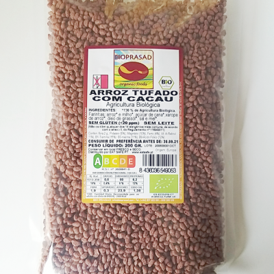 Embalagem transparente de arroz tufado com cacau Bioprasad