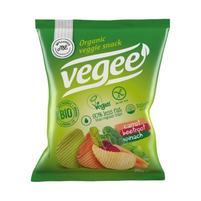 Pacote verde do snack vegetal orgânico Vegeee, sabores cenoura, beterraba e espinafre, com texto em português e inglês