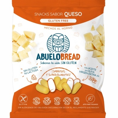 Pacote de snacks sabor queijo, branco e laranja, sem glúten e veganos