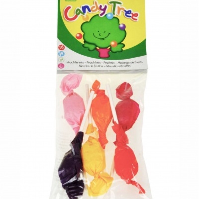 Pacote de pirulitos coloridos Candy Tree com embalagem plástica transparente e rótulo amarelo e verde