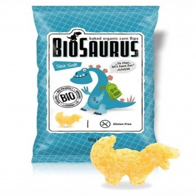 Embalagem azul de snacks BIOSAURUS com desenho de dinossauro e snacks amarelos em forma de dinossauro