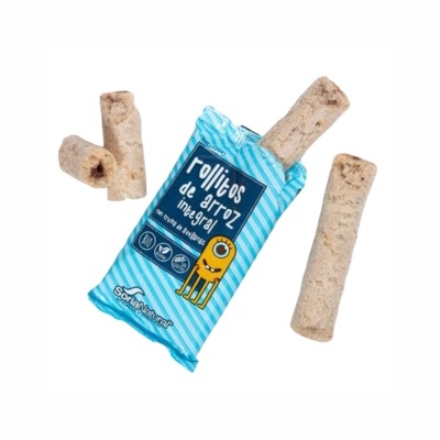 Pacote azul de rollitos de arroz integral com desenho amarelo e quatro rollitos de arroz à volta