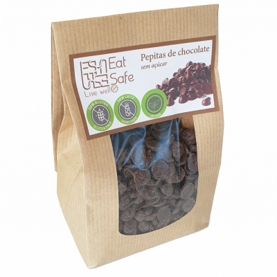 Pacote de pepitas de chocolate sem açúcar Eat Safe com rótulo e janela transparente