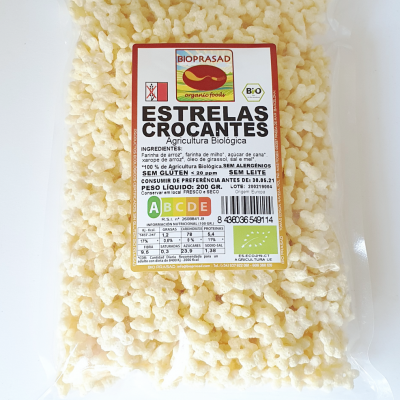 Pacote transparente de Estrelas Crocantes orgânicas Bioprasad com rótulo detalhado
