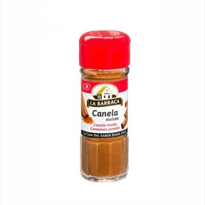 Frasco de vidro com tampa vermelha de canela moída em pó marca La Barraca