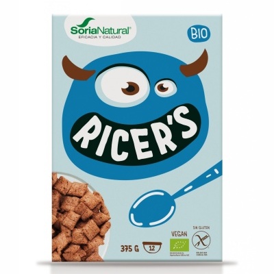 Pacote azul de cereais Ricers com ilustração de monstro e texto BIO e vegan