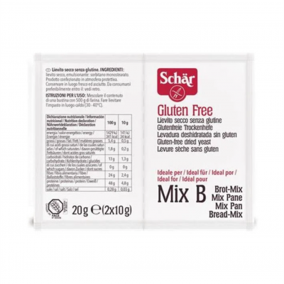 Pacote de fermento seco sem glúten Schär Mix B com texto em vermelho e preto.
