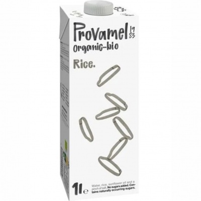 Caixa branca de bebida de arroz Provamel organic-bio com grãos de arroz desenhados