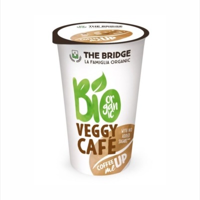 Copo de cartão branco com tampa e texto de café orgânico veggy