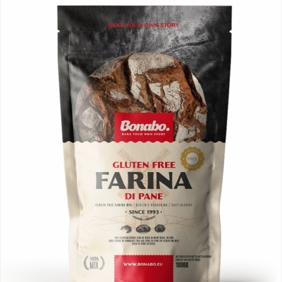 Embalagem de farinha de pão sem glúten Bonabo com imagem de pão