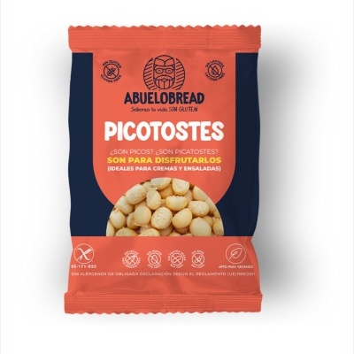 Embalagem laranja e azul de picotostes ABUELOBREAD com várias indicações de isenções de ingredientes alergénicos