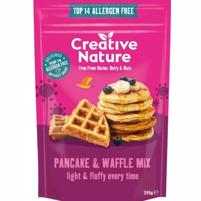 Embalagem rosa e roxa Creative Nature mistura para panquecas e waffles