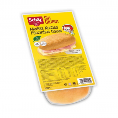 Pacote amarelo de pão sem glúten Schär Medias Noches Pãezinhos Doces com imagem e texto