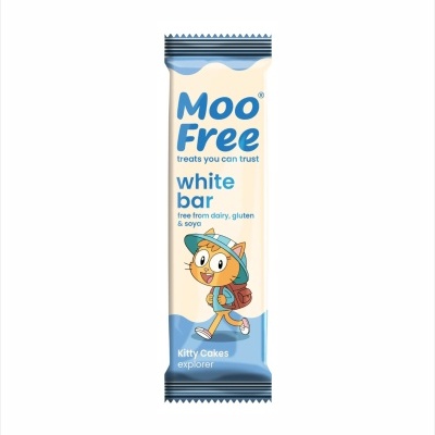 Barra de chocolate branca Moo Free com embalagem creme e azul e ilustração de gato