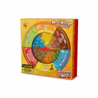 Embalagem colorida do jogo Mr. Twister Challenge com spinner e gomas