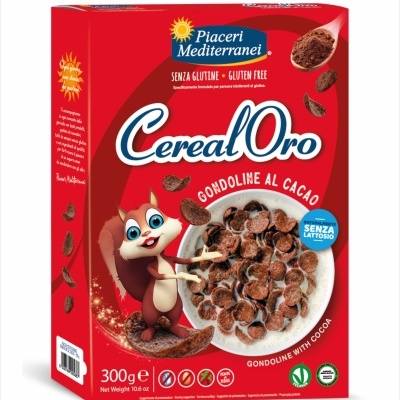 Caixa vermelho de cereais CerealOro com flocos de centeio ao cacau e esquilo animado
