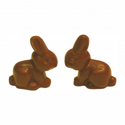 Dois coelhos de chocolate castanho em fundo branco