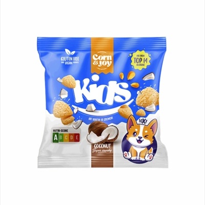 Pacote de snacks sabor coco Kids Corn & Joy em cores azul e branco com desenho de cão cartoon.
