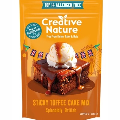 Pacote laranja de mistura para bolo Sticky Toffee Cake Mix da Creative Nature com imagem de bolo e gelado