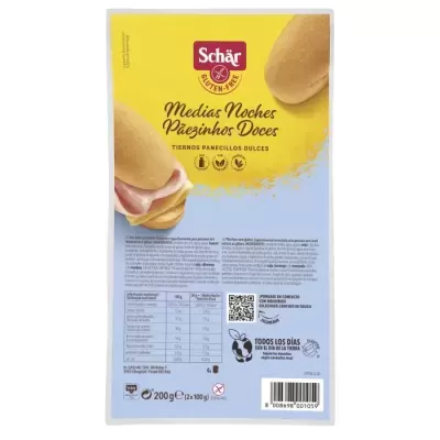 Embalagem de pão doce sem glúten Schär Medias Noches Pãezinhos Doces com tabela nutricional