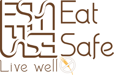 Logótipo Eat Safe Live well com utensílios cruzados e riscado