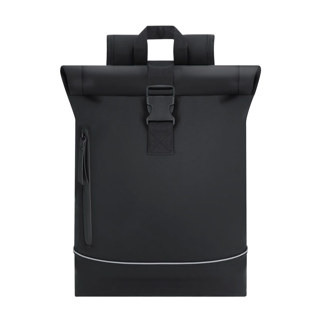 Mochila Refletora para Portátil até 15” Mochila preta impermeável com fecho enrolável e bolso lateral
