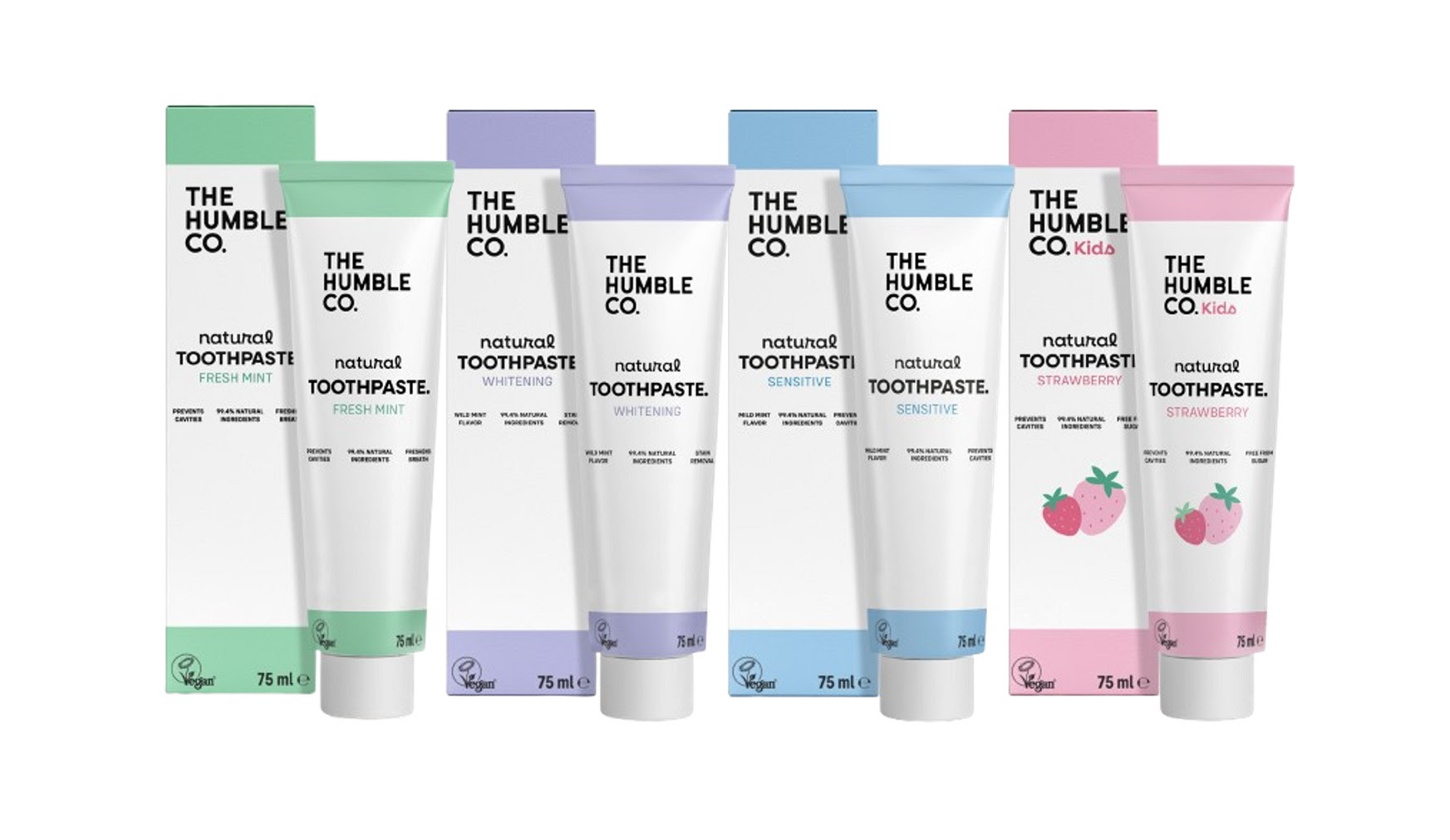 PASTAS DE DENTES NATURAIS - THE HUMBLE CO. Tubos de pasta de dentes naturais da The Humble Co. em várias cores e caixas