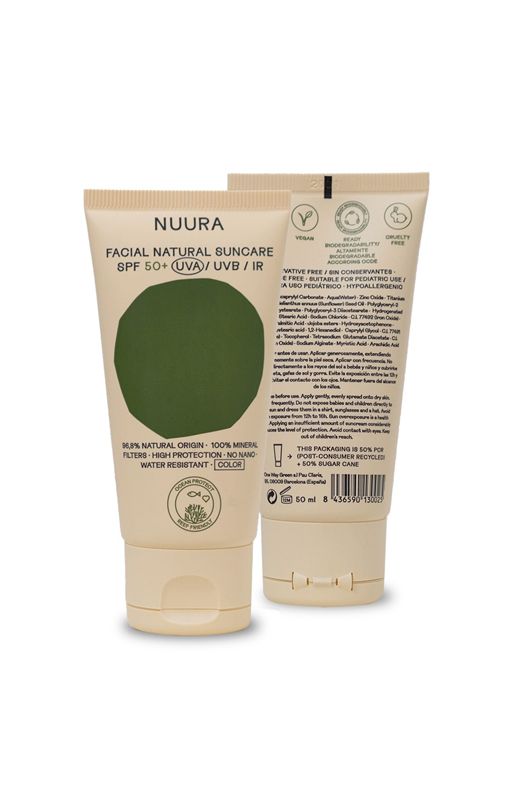 Protetor solar facial natural NUURA SPF 50+ em embalagem de tubo bege com detalhe verde