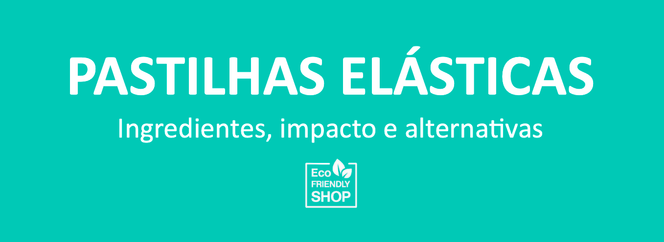 Texto sobre pastilhas elásticas com fundo azul-turquesa e logotipo Eco Friendly Shop
