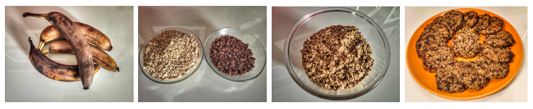 Bananas queimadas, feijões e sementes em recipientes de vidro, mistura de sementes e bolo em prato laranja