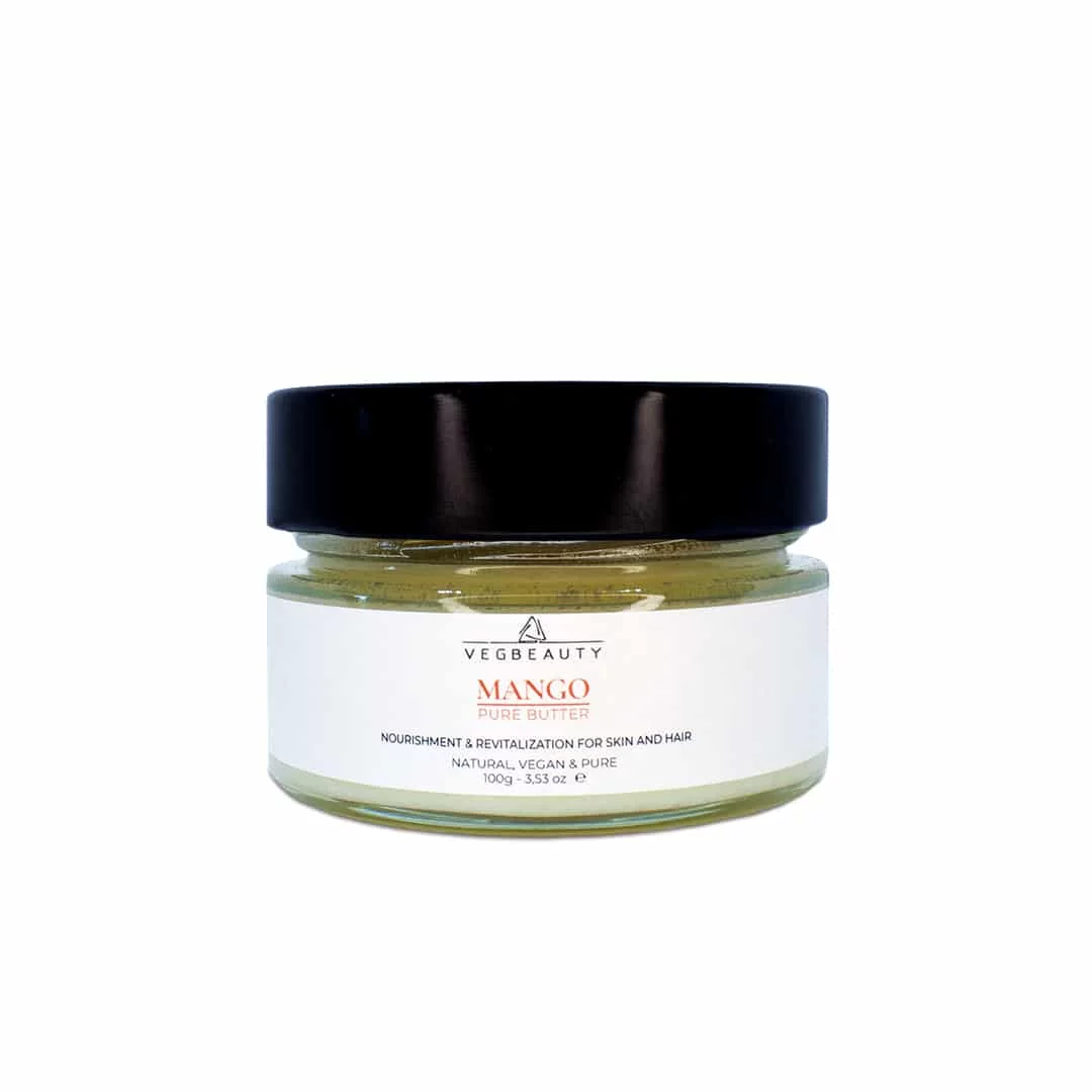 MANTEIGA DE MANGA VEGBEAUTY 100ML Frasco de vidro com tampa preta e etiqueta branca da marca VEGBEAUTY