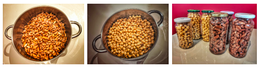 Três imagens de petiscos em panelas e frascos de vidro.