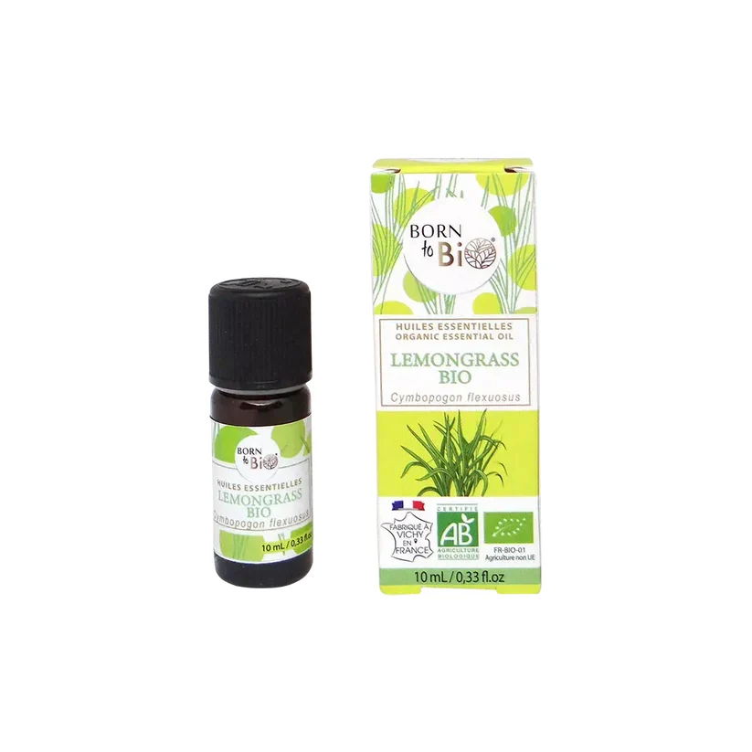 Óleo Essencial Biológico de Erva-Príncipe – Born to Bio Frasco e embalagem de óleo essencial de citronela Born to Bio