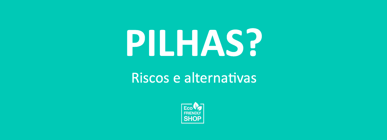 Fundo azul turquesa com texto branco sobre pilhas e eco friendly shop